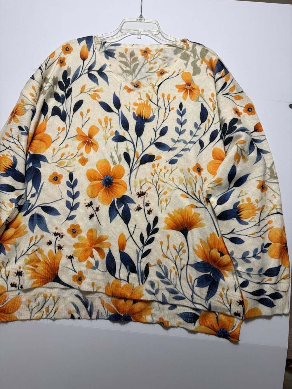 Boho V-Neck Sweater 3XL Cream Yellow Floral Print Long Sleeve Knit Pullover Top